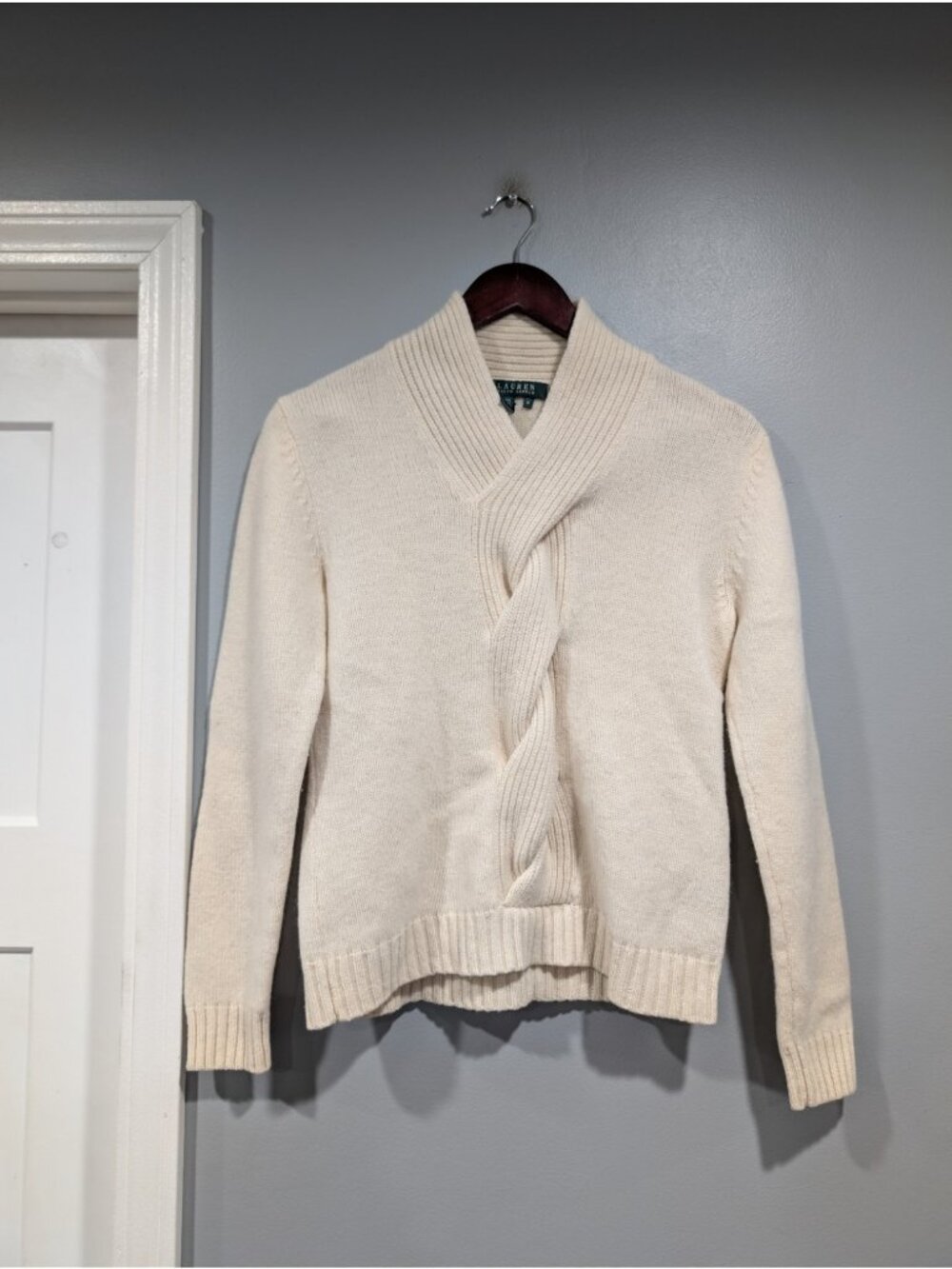 Lauren Ralph Lauren Women's Cream Cable-Knit Shawl Collar Wool Pullover Sz M